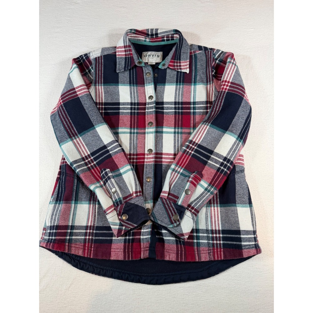 Orvis Womens M Fleece Lined Flannel Shirt Jacket Plaid Red Navy Snap Front